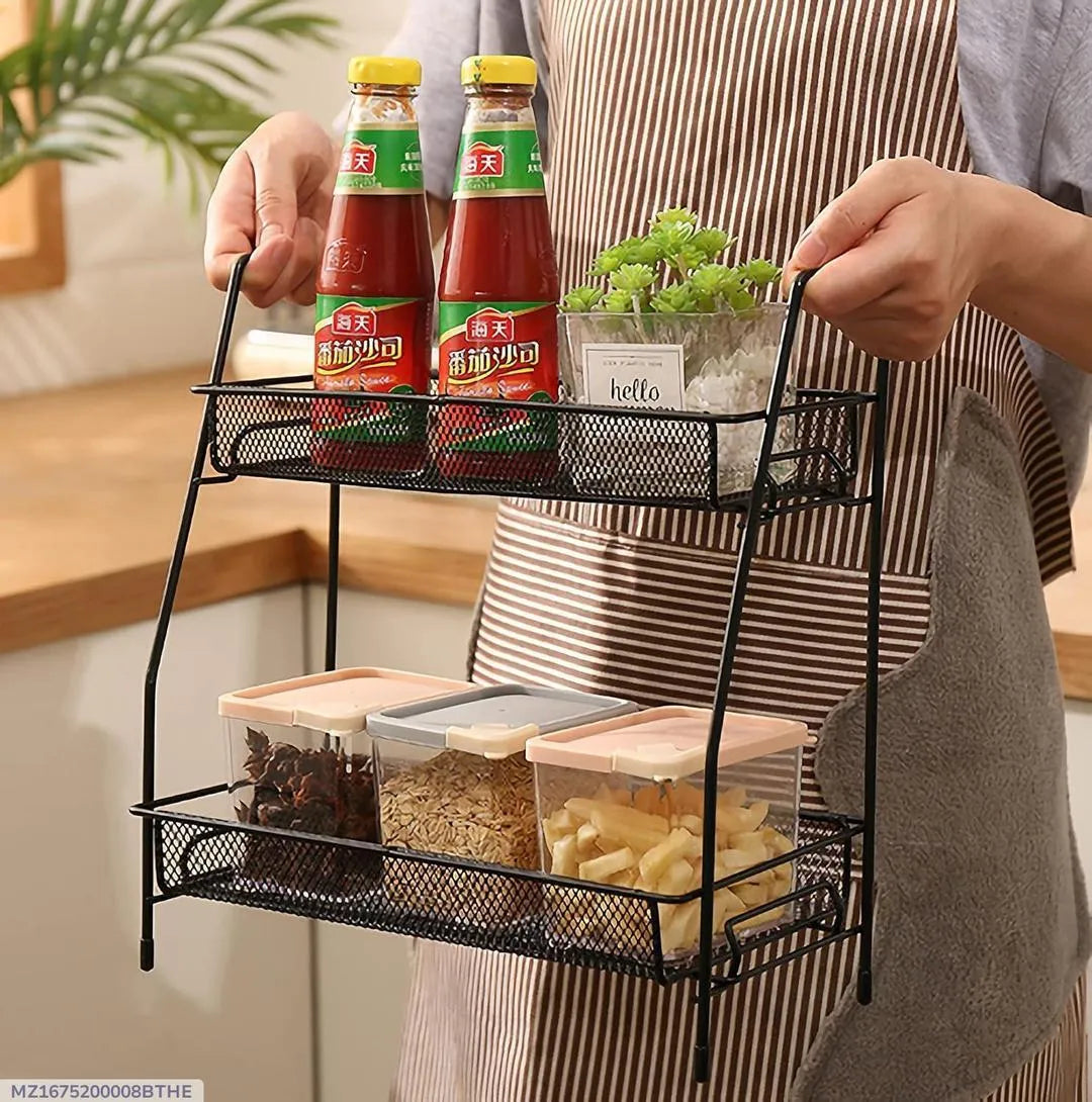 Two Tier Spice Rack Black Stainless Steel Kitchen Storage