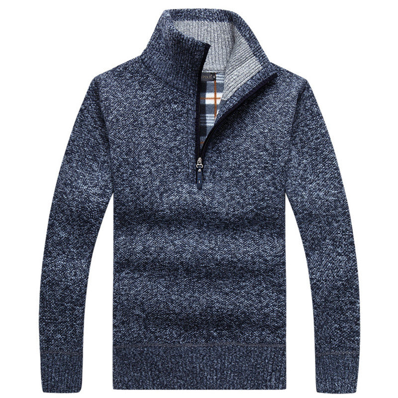 Men Gray Fleece Lined Zipper Sweater Autumn Winter